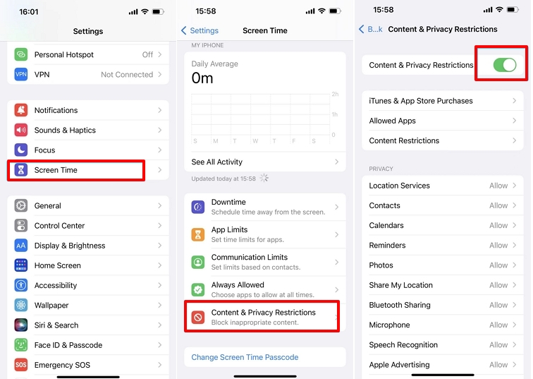 Turn Off Content & Privacy Restrictions Only